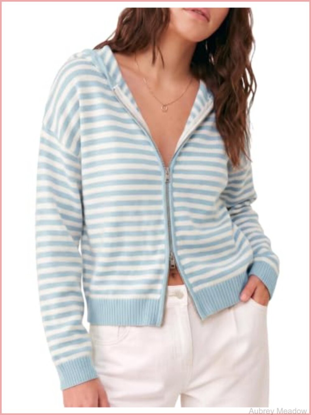 Womens Striped Zip Up Hooded Cardigan Knit Sweater Jacket